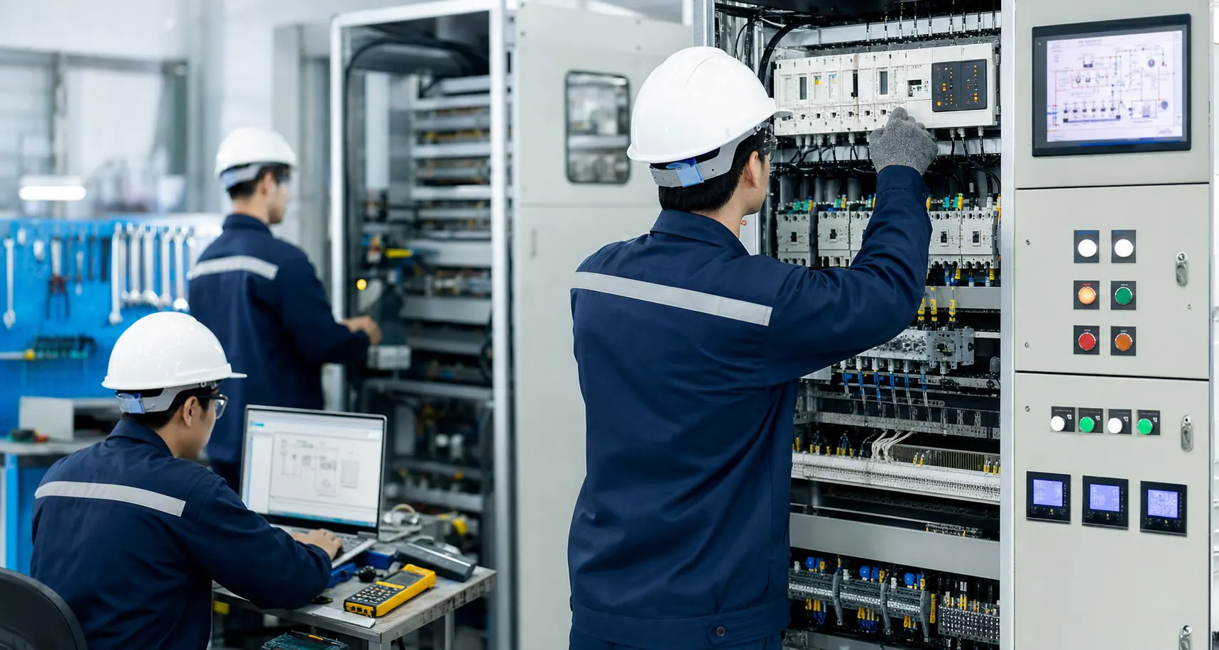 Industrial automation engineers inspecting control panels